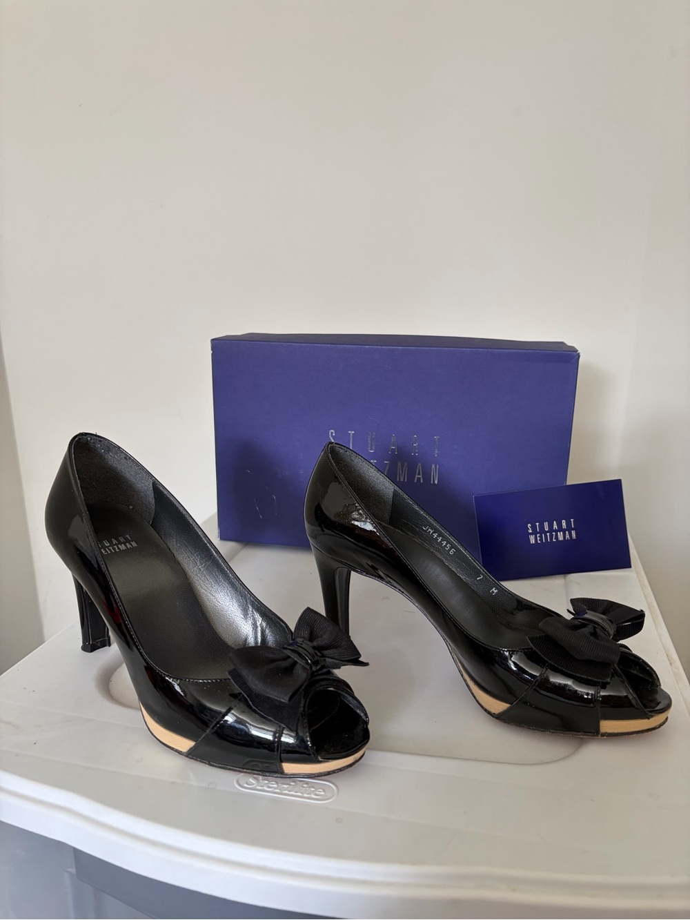 Stuart Weitzman Black Patent Peep-Toe Heels with Bow Accents